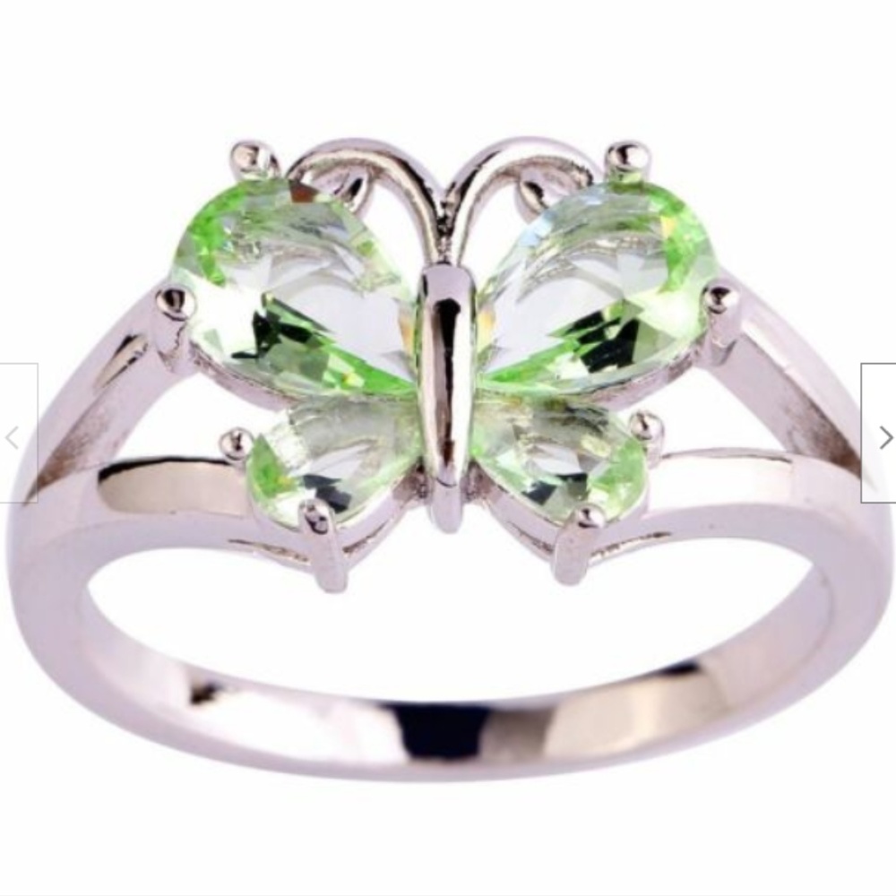 Silver Peridot Butterfly Cocktail Ring Size 11 Rhodium Plated Cubic Zirconia Bug